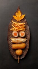 Culinary Artistry - Perfectly Cooked Whole Fish, French Fries, and Soft Rolls on Old Lotus Leaf with Textural Contrast and Rich Tones