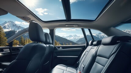 Scenic mountain backdrop viewed from the contemporary interior of an electric vehicle.