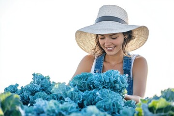 A happy farmer woman in a straw hat tending to her vibrant, blue cabbage crops.