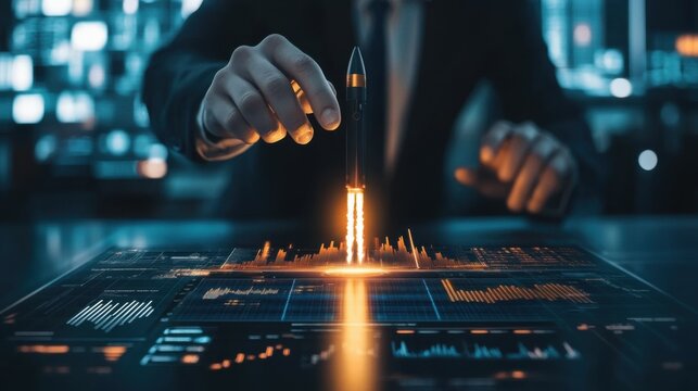 Businessman hold virtual rocket launch investment growth, planning and starting corporate business start up aiming objective value development leadership and customer target group.