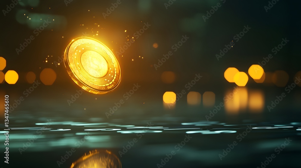 Aufkleber a glowing gold coin floating in a dark setting with bokeh lights