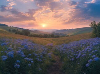 Fototapeta premium Walking Path Through Field of Blue Flowers at Sunset in Countryside