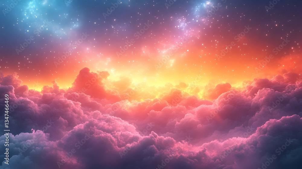 Wall mural fantasy-inspired glowing sky with shimmering rainbow light, scattered twinkling stars and a soft dre