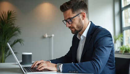 Professional businessman works on laptop in modern office. Man wears glasses and suit. Man uses computer, attends online training session, working at desk, corporate, technology.