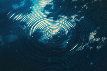 A top-down illustration of a tranquil pond, with raindrops forming concentric ripple patterns on the surface, dynamic and delicate, light and shadow enhancing the soothing atmosphere