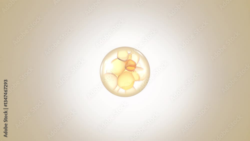 Poster 3d animation of liquid bubbles forming. a macroshot's components mix to generate a serum. a cosmetic