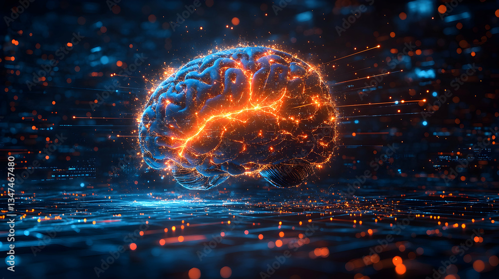 Poster futuristic neural network visualization with a glowing brain, electric sparks and a high-tech sci-fi