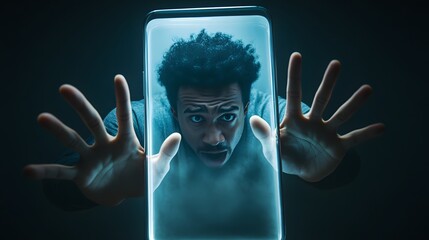 a man reaching out with a frustrated facial expression from a giant smartphone. He seems trapped and desperate