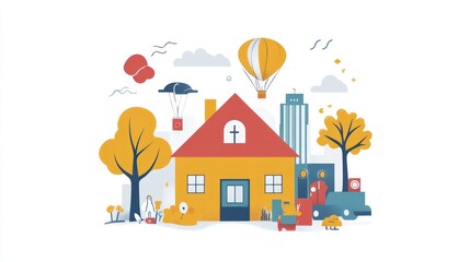 Colorful illustration of a cozy home in a vibrant neighborhood with autumnal trees and hot air balloons.