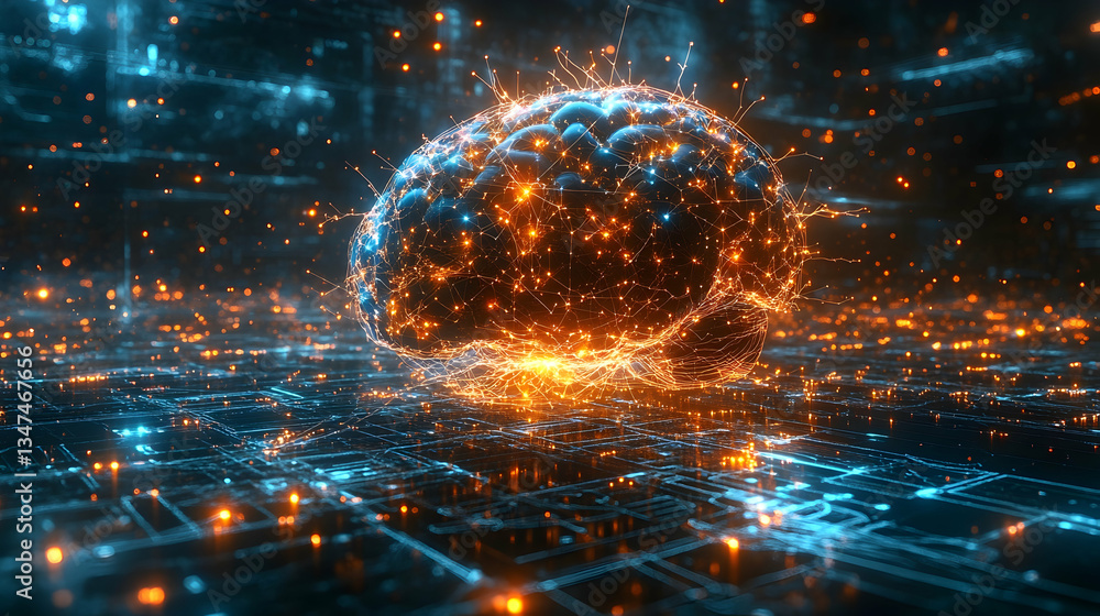 Poster futuristic neural network visualization with a glowing brain, electric sparks and a high-tech sci-fi