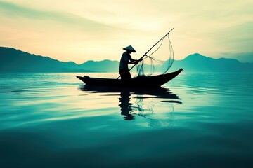 Fisherman casts net into calm waters at sunrise near serene mountains