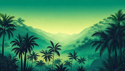 Palm tree jungle in morning landscape green background. 
