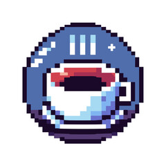 Obraz premium Pixel art coffee cup badge, playful and modern, featuring steaming effects and vibrant colors