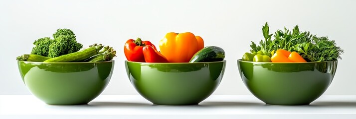 Fresh Vegetables in Green Bowls - Three green bowls filled with a variety of colorful fresh vegetables. Healthy eating concept
