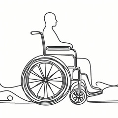  Continuous one-line drawing of a wheelchair, smooth flowing lines forming a clear and simple representation.
