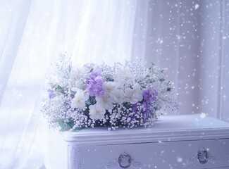 Delicate Flower Arrangement on Vintage Nightstand with Soft Falling Snowflakes