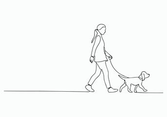 Continuous One Line Girl Walking with Dog | Minimalist Pet Companion Vector Illustration