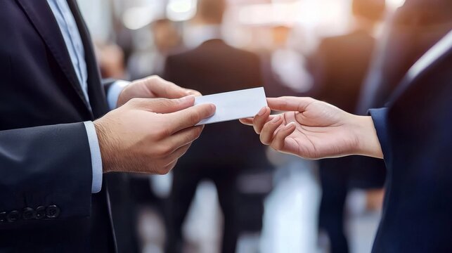 Exchange of business cards in a professional setting.