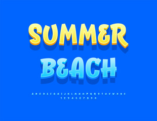 Vector Funny banner Summer Beach. Unique Blue Font. Playful style 3D Alphabet Letters, Numbers and Symbols