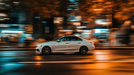 Fast Car on City Street at Night