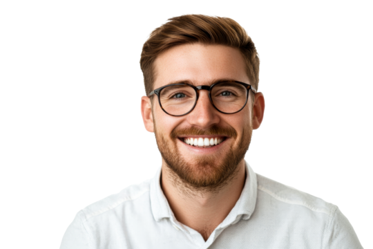 Smiling man with glasses portrait, positive emotion, cut out transparent