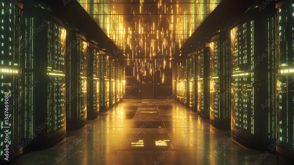 Poster a high-tech server room with glowing lights and data racks creating a sense of the digital world