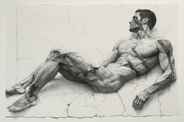 Fototapeta premium Muscular figure displaying human fragility and strength in detailed artwork featuring cracks and texture