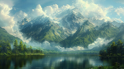 Fototapeta premium Scenic Mountain Lake Landscape with Reflections and Lush Greenery