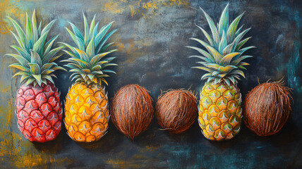 Fototapeta premium Vibrant chalkboard art of tropical fruits: pineapples and coconuts.