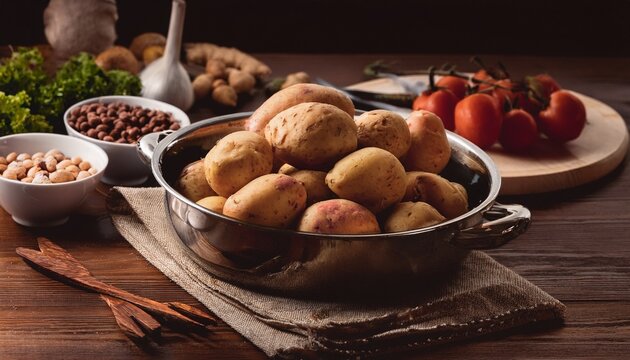 Patatas hornear, sobre una mesa de madera; recetas de cocina con el uso de frijoles y verduras durante la preparaci&oacute;n de alimentos, receta en la cocina, concepto de estilo de vida
