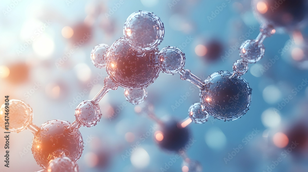 Poster minimalist molecular network illustration with abstract floating molecules, soft gradients and a lig