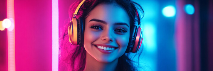 High-tech style Indian girl with headphones, vibrant neon background, concept of music or online learning, ideal for modern mock-up, banner