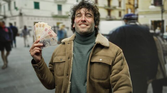 Hispanic man outdoors holding turkish lira banknotes, smiling and making an ok gesture on a city street.