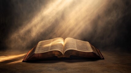 Holy Bible with Beams of light and golden Orbs
