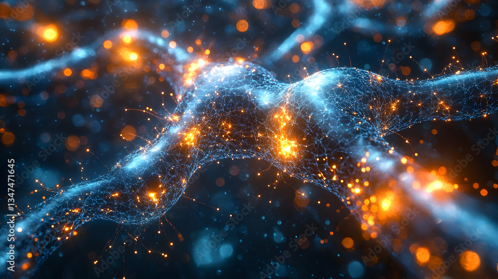 Aufkleber neural network visualization with interconnected glowing pathways, electric currents and a deep blue