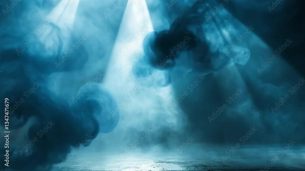 Poster mysterious blue smoke swirls in captivating scene, illuminated by beams of light that create etherea