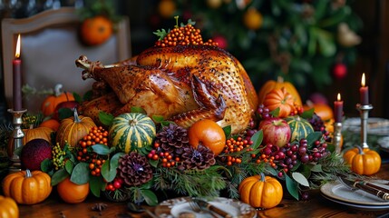 Thanksgiving dinner table roasted turkey and seasonal decorations text friendly space