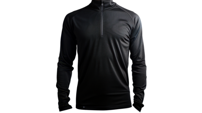 Black long sleeve sports shirt with zipper on transparent background