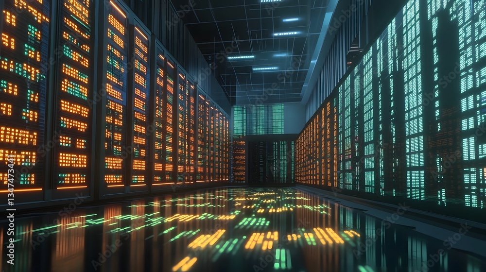 Poster a data center with rows of server racks, glowing with orange and blue light, reflecting on the floor