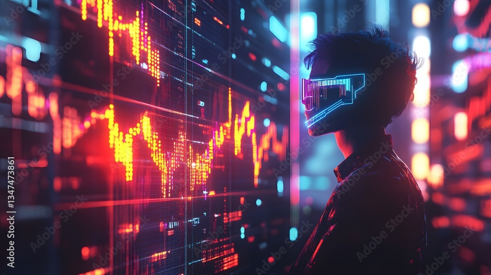 Poster a person is observing real-time stock market data. the environment is filled with futuristic display