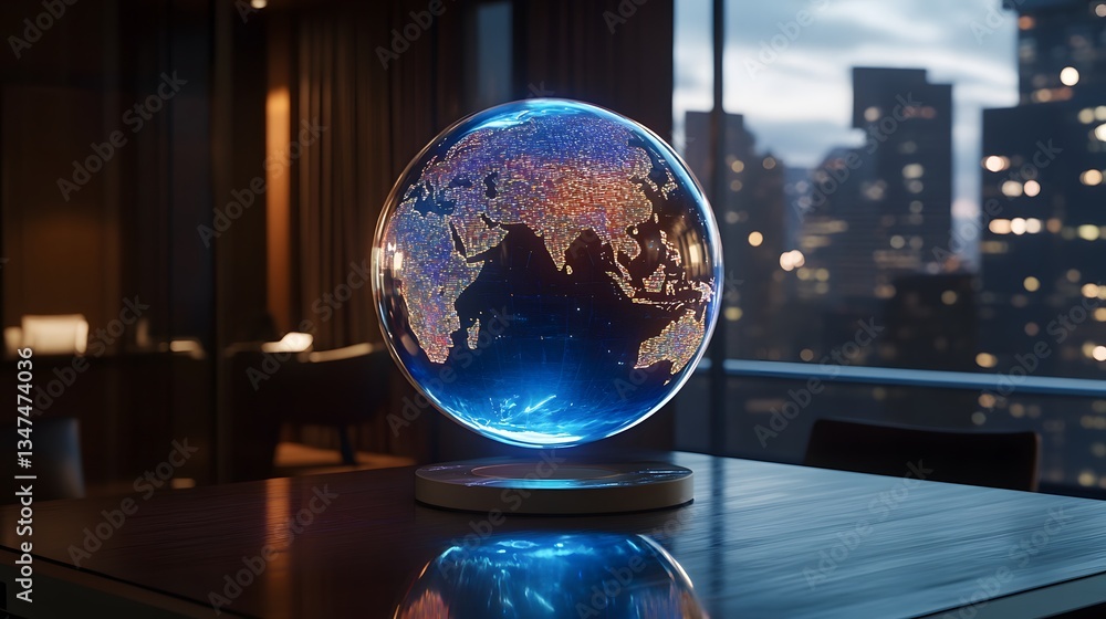 Poster a glass globe displaying a holographic projection of the world. the globe sits on a table in front o