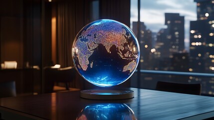 a glass globe displaying a holographic projection of the world. The globe sits on a table in front of a cityscape at night, suggesting global business or technology