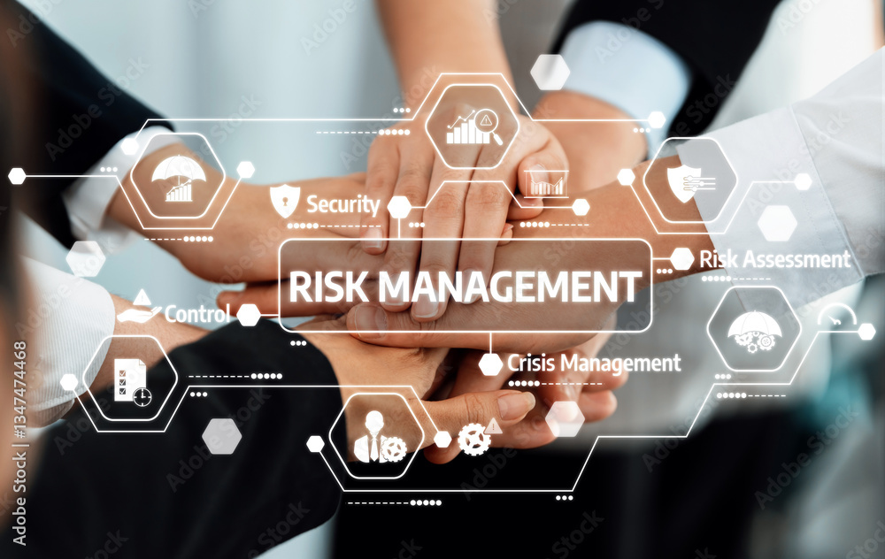 Poster a group of hands symbolizing unity in risk management, surrounded by digital icons highlighting secu