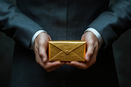 Man in suit holding gold envelope, smiling confidently against cityscape backdrop. - Powered by Adobe