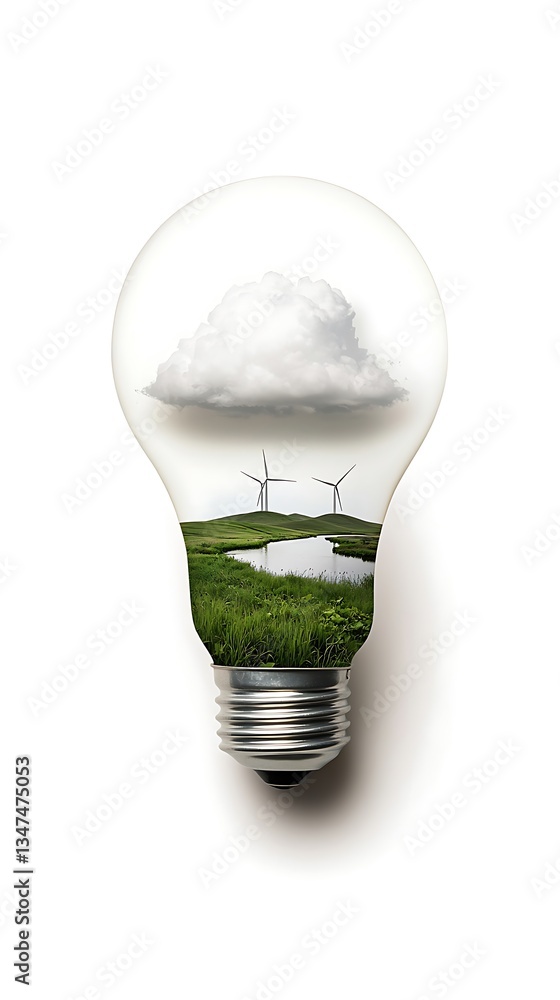 Poster lightbulb with a cloud and landscape inside