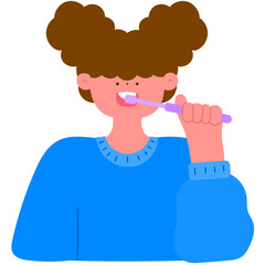 happy girl brushing her teeth, dental hygiene and oral care flat vector illustration