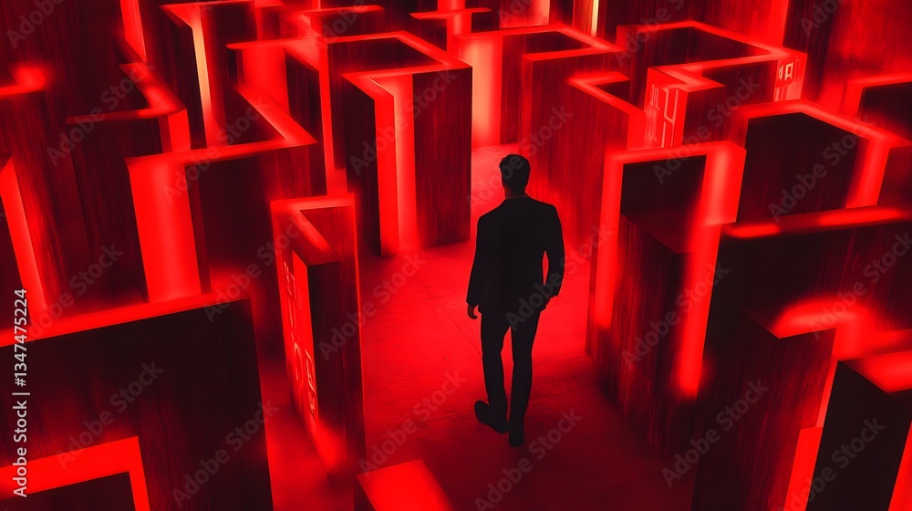 Poster a lone person navigating through a complex red maze