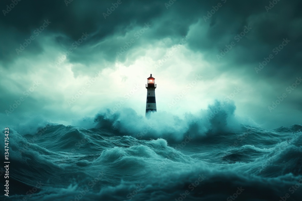 Poster stormy seas illuminate lighthouse as waves crash and clouds swirl dramatically above