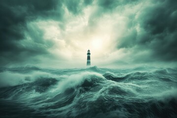 Fototapeta premium Majestic lighthouse stands tall amidst turbulent waves and stormy skies during a dramatic maritime scene