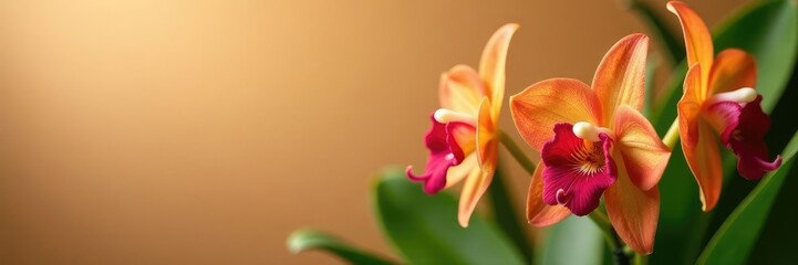 Orange-red Cymbidium with green leaves and stem, orchid, stem, foliage
